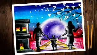 National parents day chart/poster drawing. how to draw National parents day scenery pastel colours.