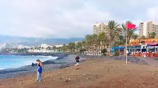 Red flag. The Ocean is storming. Las Americas Beach Walk. Tenerife Waves. Travel blog from Spain 4K