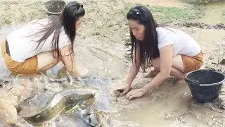 Amazing Fishing:Beautiful Girl Catching Fish In lake Near the Forest.