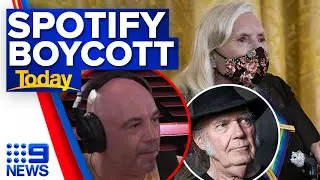 Neil Young, Joni Mitchell protest Spotify's Joe Rogan podcast | 9 News Australia