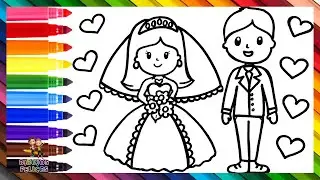 Dibuja y Colorea A Una Pareja Recién Casada: Un Novio Y Una Novia 🤵👰💍❤️🧡💛💚💙💜🌈 Dibujos Para Niños