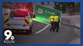 Strong Arizona winds bring down overhead highway sign