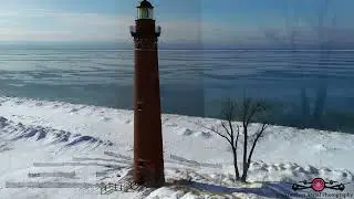 Little Sable Point Lighthouse Frozen Winter Wonder Land 4K Drone Footage Polar Vortex Travel