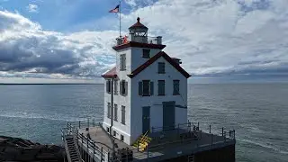 Flying DJI Flip Drone West Over Lake Erie Lorain Ohio Boat Launch To Lighthouse 10-25-2025 