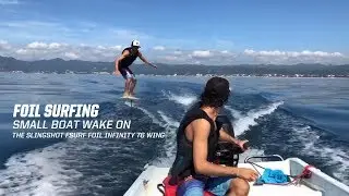 Foil Surfing Small Boat Wake on the Slingshot FSurf Foil Infinity 76 Wing