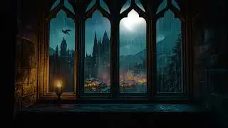 Endless Rain Outside Hogwarts Castle Window, Peaceful Night Ambience for Deep Sleep