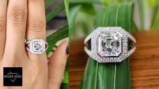 Asscher Moissanite Engagement Ring, Halo Ring For Women, Split Shank Ring, Wedding Ring, Dainty Ring