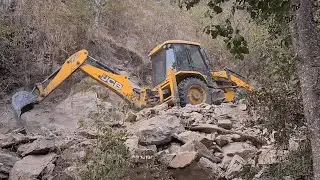 JCB Backhoe Loader - Very Narrow Hilly Road - Hilly Road Construction - JCB Working on Rocky Hill
