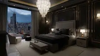 A modern hotel room in a rainy atmosphere