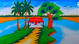 How to Draw a Small House Beside a Calm River, Tree and a Village Road | step by step Drawing 