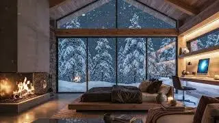 Winter snow falling softly with indoor fireplace sounds for relaxation