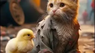 poor cat and her new friend chick
