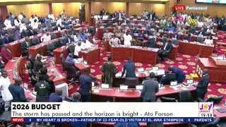 Minority Caucus holds up &lsquo;Galamsey Budget&rsquo; sign after Ato Forson presents the 2026 Budget
