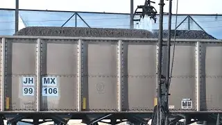 BNSF & UP Coal Cars - Coal Filling Silo and Coal Sprayers - Powder River Basin Mines, Wyoming