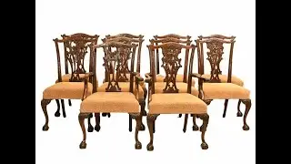 Set Gothic Chippendale Dining Chairs Mahogany Antique 1890