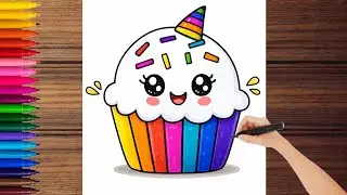 Easy 🌈Rainbow Cup Cake Drawing Step By Step Tutorial For Kids | Kids Drawing Easy #rainbowcake