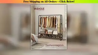 VASAGLE Clothes Rack, multifunctional with 2 shelves, 6 S-shaped hooks, and sturdy steel frame,