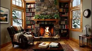 11 Hours Cozy Fireplace Ambience | Cabin Study Room with Bookshelves | Crackling Fire Sounds