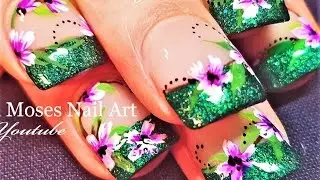 DIY Green Glitter Tips with Lavender Flower hand painted Nails Art Design Tutorial