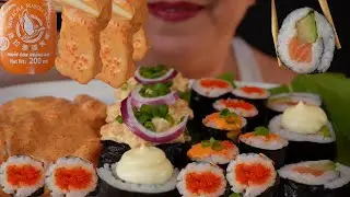 ASMR EATING SALMON SASHIMI/SUSHI WITH SPICY SRIRACHA MAYO | TOBIKKO EGGS (EATING SOUNDS)