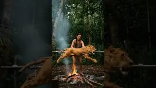 Primitive Cooking a Whole Lion on a Handmade Spit  #outdoorcooking #traditionalcooking #jungle