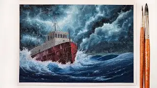 Stormy Ocean Painting with Gouache  ｜ Ship in the Stormy Sea