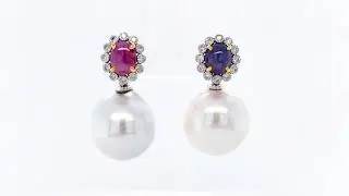 Vari-Hue Sapphire Cabochon, Diamond and Pearl Platinum earrings | Fei Liu Fine Jewellery