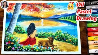 Girl Watching Sunset By The Lake With Her Cute Dog🌅 Oil Pastel Drawing | Easy step by step Tutorial