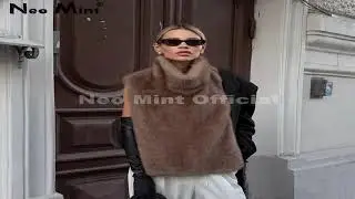 #Neo Mint 2025 Brand Fashion Faux Fur Sable Vest Crop Top Autumn Winter Turtleneck Eco Mink Fur Tan