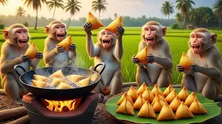 Real Monkeys Frying & Eating Samosas 😲🐒 | Village Street Food Style