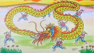 Cara Menggambar Liong Naga Beraksi Perayaan Cap Gomeh Dengan Crayon/Oil Pastel