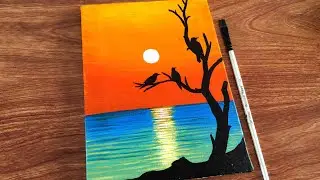 Peaceful Sunset Silhouette Painting on Canvas | Acrylic Painting