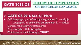 GATE CS 2016 Set-2,Q17:Language L1&nbsp;is deﬁned by the grammar: S1&nbsp;&rarr; aS1b|&epsilon;  Language L2&nbsp;is deﬁned by