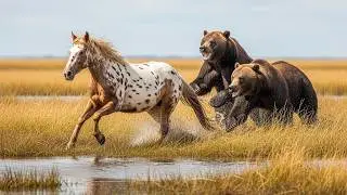 American Spotted Horse Chased by Giant Bears in the Wetlands &ndash; Intense Wild Chase
