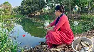 Unique Hook Fishing 🎣🎣|| Beautiful cute lady fishing in the pond with a hook || pond fishing Video
