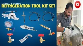   AC TECNICIAN REPAIRING TOOLS.pump, multimeter, pipe cutters, flaring tools, and brazing equipment.