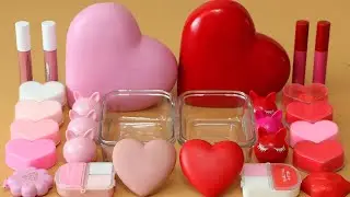 Mixing”Pink VS Red” Eyeshadow and Makeup,parts,glitter Into Slime!Satisfying Slime Video!★ASMR★