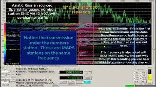 Numbers station ENIGMA V07, with same frequency MARS traffic, 13927 kHz, 18 June, 2023, 0700 UTC