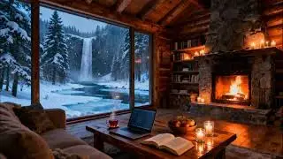 Cabin Morning Jazz ☕ Waterfall Ambience for Focus, Productivity & Calm Work