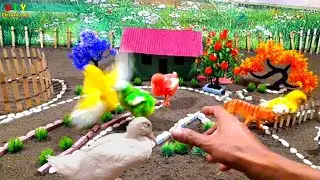 Diy farm diorama with mini house set up small colorful chicken coops, cow pens, mini farms