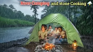 Overnight Jungle Camping by the River🌧️ | Stone Cooking Style & Mysterious Night Sounds 🤔⛺