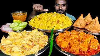 Eating Spicy Masala Dahi Paneer with Samosa Ghugni | Afgani Malai Paneer & Basanti Pulao Mukbang