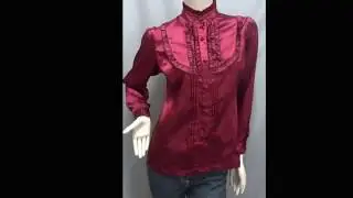 Victorian Style Ruffled Satin Elegant Blouse Shirt Top Burgundy