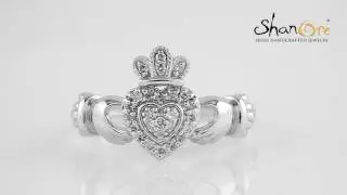 Ladies 14K White Gold Claddagh Ring Encrusted With Diamonds