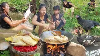 Survival catch and cook, Fish salt grill for dinner, Duck curry tasty & Chicken spicy curry with egg