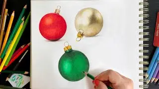 How to Draw Christmas Balls with Colored Pencils, Colored Pencil Tutorial,Christmas ornament Drawing