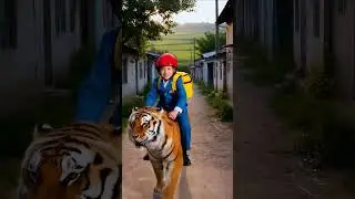 A baby riding a tiger at village