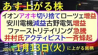 イオンがアオキを切り捨て。安川電機減益。ファーストリテイリング急騰。アクティビスト一斉蜂起～あす上がる株　2026年１月１３日（火）に上がる銘柄。～最新の日本株情報。高配当株の株価やデイトレ情報～