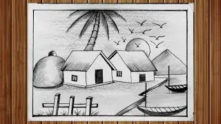 Easy village scenery drawing with pencil step by step