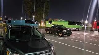 Prevost Russell Coach busses parked at the Hilton in Laval Q.C